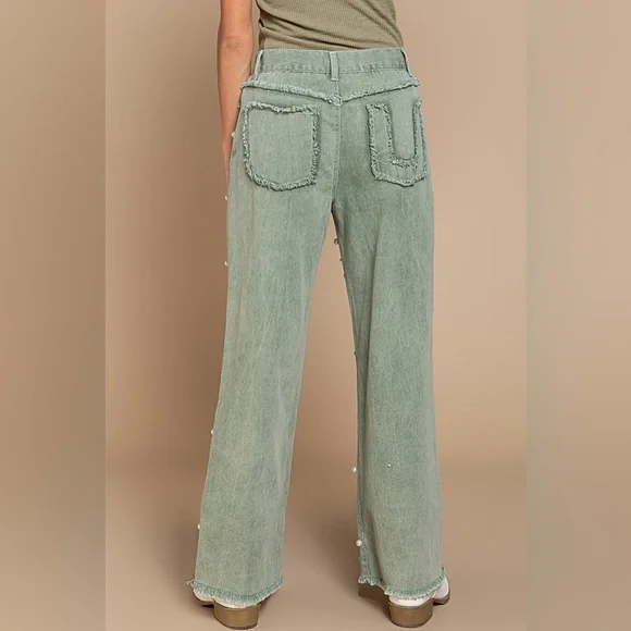 POL Sage Green Beaded Distressed Raw Hem Straight Leg Denim - Picture 2 of 5